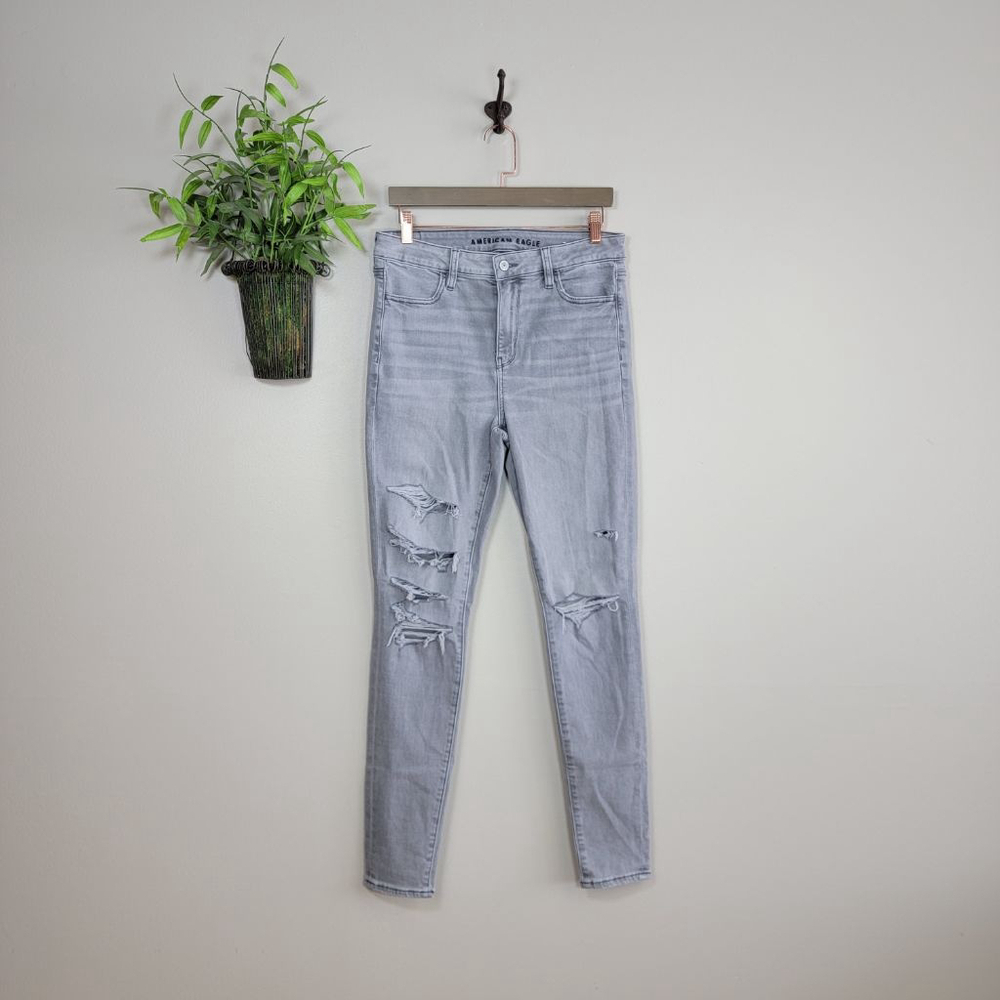 American Eagle Skinny Jeans Hi Rise Jegging Distressed Ripped Gray Stretch AE 10